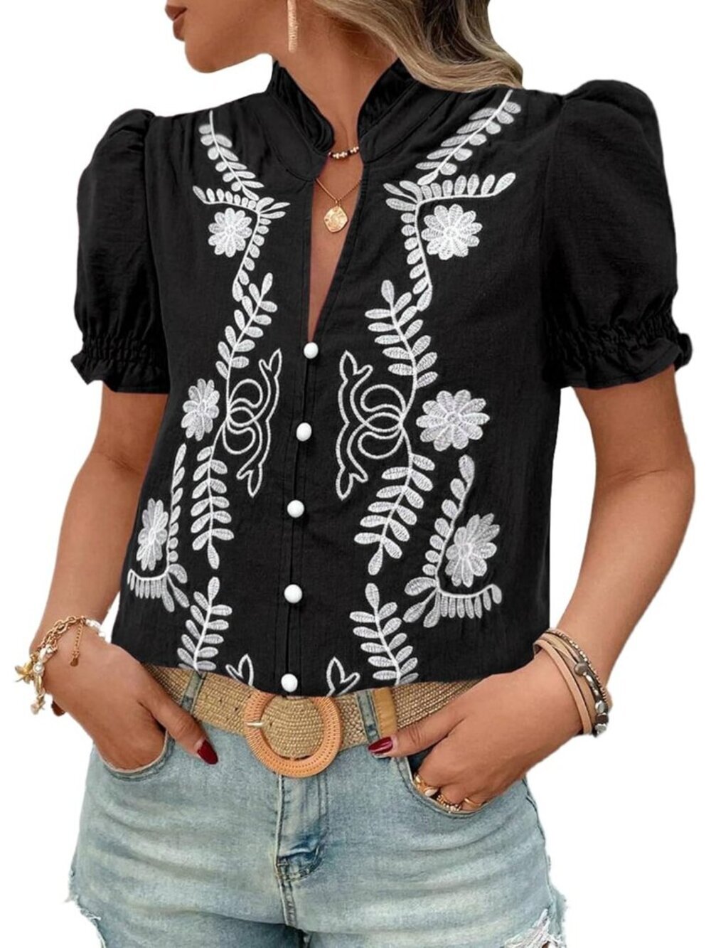 Women's Summer Tops Ruffle V Neck Black Puff Short Sleeve Button Down Blouses